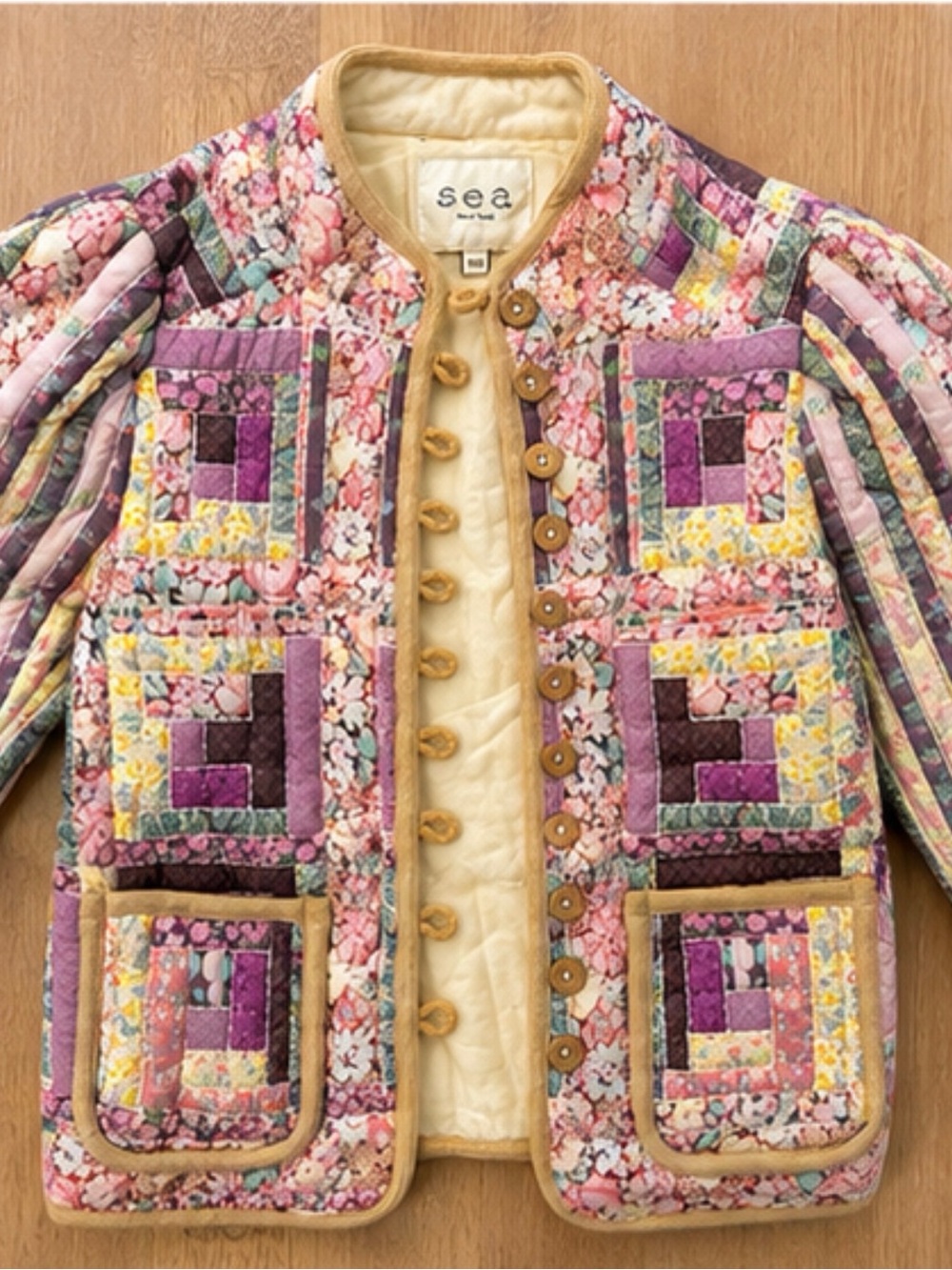 Sea New York  Quilted Patchwork Jacket in Pink, Purple, Yellow, Cream